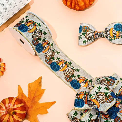 Vista 4 de Whaline Cinta de tela de calabaza de otoño con borde con alambre, cinta de tela de calabaza azul, cintas vintage para envolver para cosecha