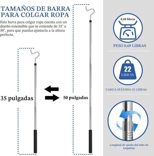 Vista 2 de Poste con Gancho para Ropa, Gancho Extensor para Colgar Ropa, Luces y Plantas, Extensible de 35" a 50", Hecho de Tubo de Acero Inoxidable con Mango