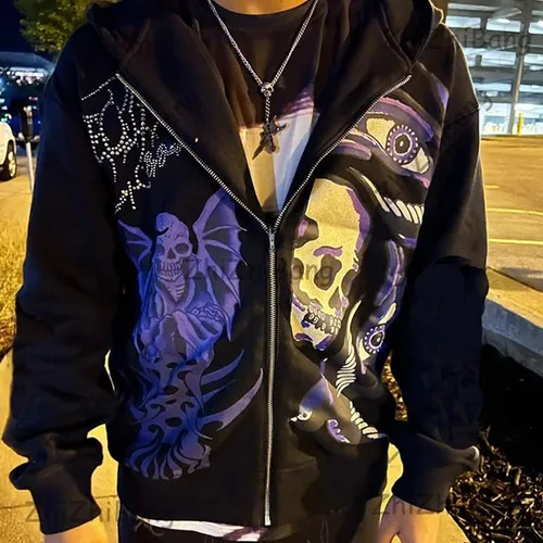 Vista 2 de Xdwszmd Rhinestone Skull Skeleton Streetwear Oversized Hoodie Women Jacket Harajuku Streetwear Y2K Full Zip Up Hoodie