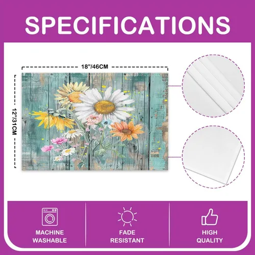 Vista 4 de jejeloiu Juego de 4 manteles individuales de girasol, manteles individuales con estampado floral, patrón de flores amarillas, manteles individuales