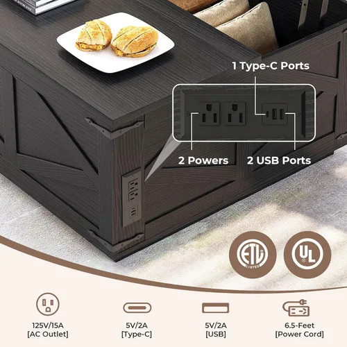 Vista 4 de Jocoevol Mesa auxiliar con tapa elevable, mesa central cuadrada de madera con iluminación LED, estación de carga USB-C y compartimento