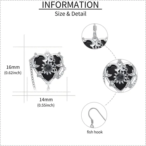 Vista 3 de Aretes de corazón de bruja, rosa gótica, murciélago, calavera, rosa, cruz, libélula, piedra lunar, calavera, plata de ley 925, joyería gótica