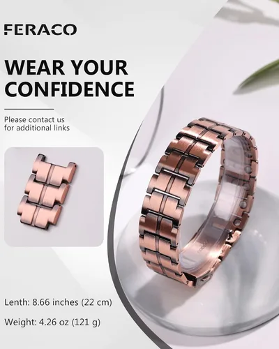 Vista 4 de Feraco Pulsera de cobre para hombre, 3 veces más fuerza, pulsera de terapia magnética, joyería de cobre con potentes imanes de 3800 Gauss