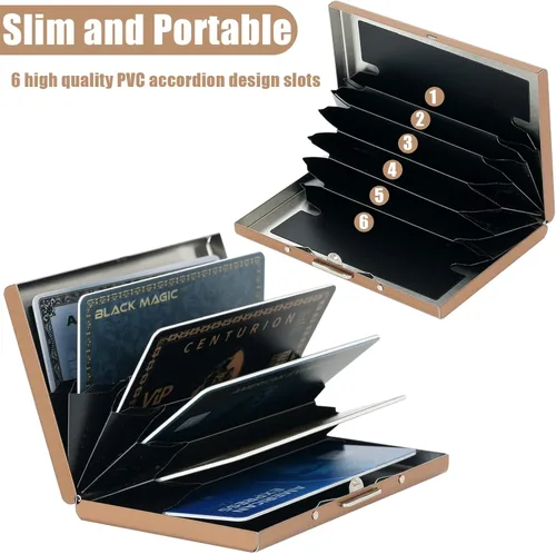 Vista 26 de BONSYL® Soporte para tarjetas de crédito, cartera delgada de metal con bloqueo RFID, con 6 ranuras para tarjetas, para mujeres y hombres.