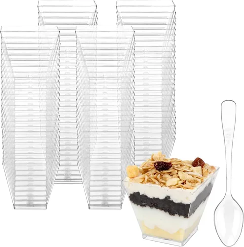 Vista 8 de Colovis Tazas Mini para Postres, 100 CT Tazas de Plástico Transparente de 2oz para Parfait y Aperitivos con Cucharas, Cuencos Mini Cuadrados