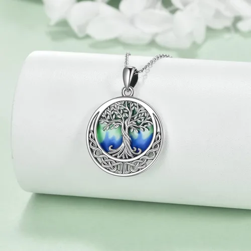 Vista 100 de ONEFINITY Collar de plata de ley 925 con diseño de árbol de la vida con colgante de nudo celta de concha de abulón para mujer