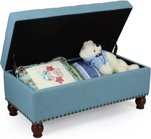 Vista 15 de Adeco Otomana de almacenamiento, banco tapizado rectangular de piel sintética con patas de madera, reposapiés, mesa de café para sala de estar Negro
