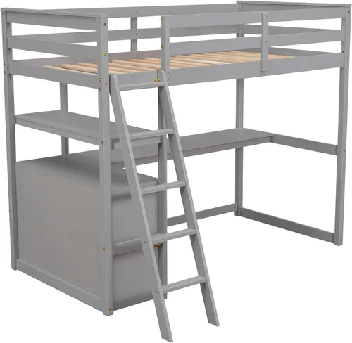 Vista 8 de Polibi Cama tipo loft de madera de tamaño individual con escritorio/2 cajones integrados/2 estantes, cama loft multifuncional con escalera
