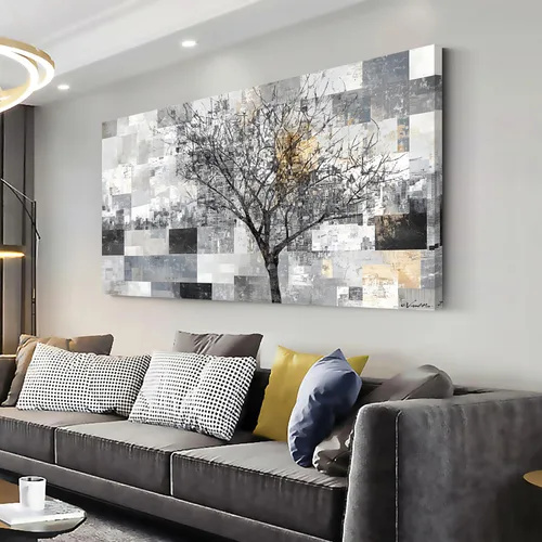 Vista 3 de LASMOND Arte de pared abstracto moderno de árbol para sala de estar, pintura en lienzo en blanco y negro, arte de pared grande de paisaje natural