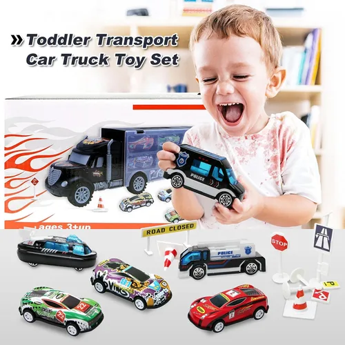 Vista 3 de Juguetes para niños de 3 a 4 años, juego de transporte de camiones grandes con 12 vehículos fundidos a presión, camiones, juguetes, autos, regalos