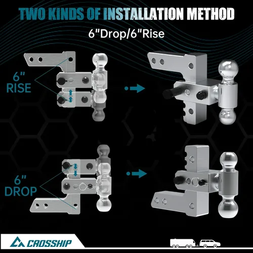 Vista 5 de Enganche de remolque ajustable – Enganche de barra de tracción de caída de aluminio resistente – Se adapta a receptor de 2 pulgadas, caída/elevación