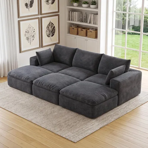 Vista 73 de 118" Cloud Couch Oversized Modular Sectional Sofa, Boneless L-Shaped 6 Seater Deep Seat Couch with Ottoman, Soft Corduroy Upholstery, DIY Negro