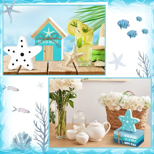 Vista 6 de Maitys 5 piezas de decoración de mesa de playa, decoración de bandeja escalonada de verano, estrella de mar, casa costera, letrero de bloque