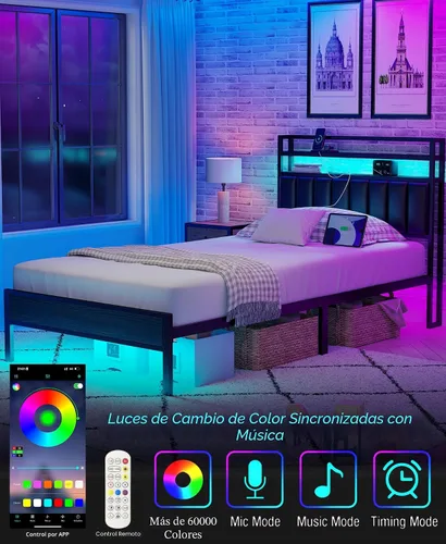 Vista 3 de Marco de cama tamaño twin con estación de carga y luces LED, marco de cama de metal con cabecero, cabecera tapizada negra con estantes