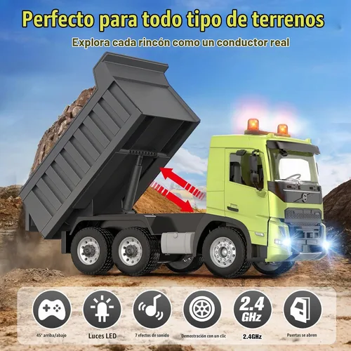 Vista 3 de DOUBLE E Volvo FMX - Camión volquete RC a escala 1:20, función completa (movimiento de 360°/elevación/volteo), antiinterferencias de 2.4 GHz, luces