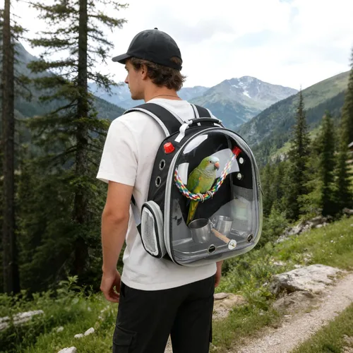 Vista 7 de Rypet - Mochila portadora para pájaros, jaula de viaje para loros con bandeja (negro)