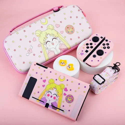 Vista 6 de Pink Carrying Case for Nintendo Switch, Anime Accessories Bundle Kit for Sailor Moon with Switch Travel Bag, Soft TPU Protective Cover, Screen