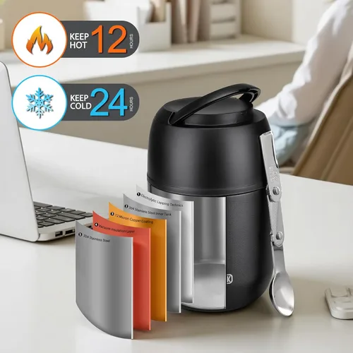 Vista 3 de JOOPETALK Recipientes de almuerzo aislados de 17 onzas, color negro, lonchera térmica de acero inoxidable al vacío con asa y cuchara plegable