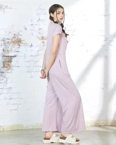 Vista 4 de noflik Overol casual bohemio de manga corta y pierna ancha para mujer con bolsillos