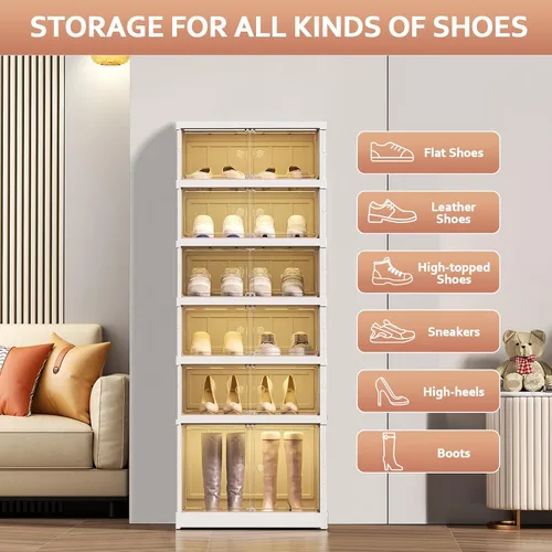 Vista 6 de SYNCVIBE Zapatero plegable de 6 niveles con estante de plástico, 12 pares de contenedores de almacenamiento de zapatos colapsables, grandes cajas