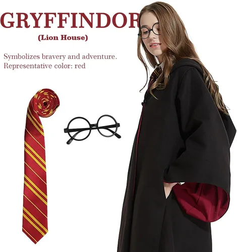 Vista 2 de CASSONRM Capa de mago, capa con capucha, bata de bruja para disfraz de mago, capa, gafas, corbata, accesorios de cosplay de Halloween