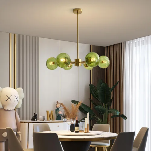 Vista 7 de BOKT Lámpara Colgante de Bola de Vidrio Verde Moderna de Mediados de Siglo Dorada de 6 Luces Globo Sputnik Candelabro Accesorio de Iluminación