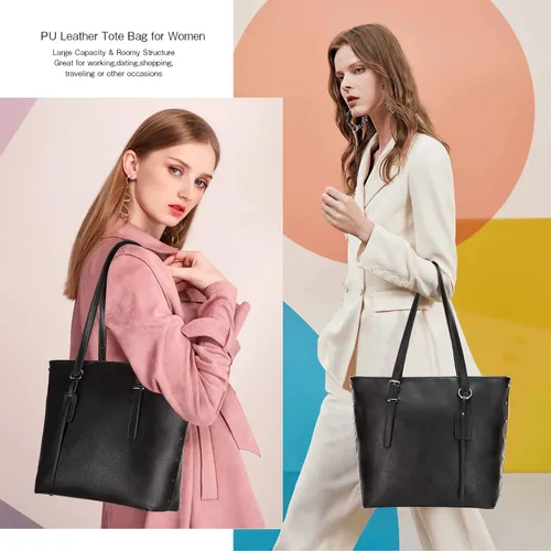 Vista 6 de KL928 Bolso de mano para mujer, bolso de mano de piel sintética, bolso de hombro grande, asa superior, monederos, juego de 2 piezas