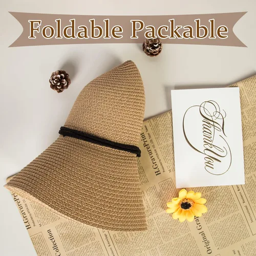 Vista 6 de Sombrero de sol para mujer, de ala ancha, plegable, para playa, protección UV, sombrero de paja de verano con cordón de viento