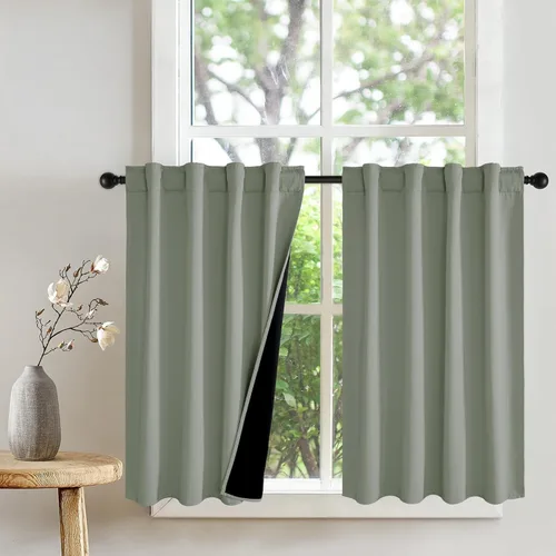 Vista 13 de PONY DANCE Cortinas opacas 100% cortas de 24 pulgadas de largo, medias cortinas con aislamiento térmico para ventanas pequeñas con parte trasera