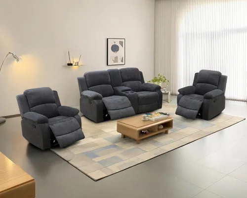 Vista 25 de Juego de sofá reclinable manual para sala de estar, juego de muebles de 3 piezas, sofá reclinable de tela Courduroy y dos sillas con mesa Azul