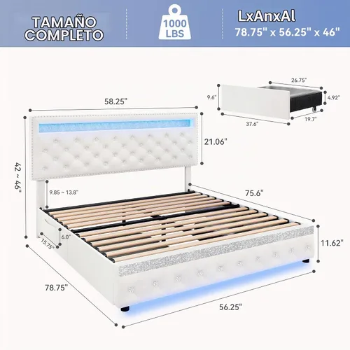 Vista 2 de Torana Marco de cama LED completo con cabecero y cajones ajustables, terciopelo crema Beige