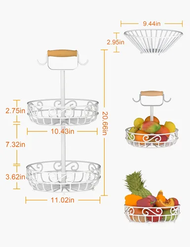 Vista 2 de Plato de 2 niveles y frutero – Almacenamiento de frutas y verduras con colgador de árbol de plátano y mango de madera, cesta de frutas para encimera