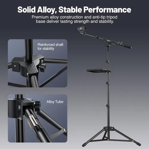 Vista 3 de PHENYX PRO Soporte para micrófono con bandeja grande de 8.7 x 6.3 in, altura de soporte ajustable, clips de micrófono dobles y bolsa de transporte