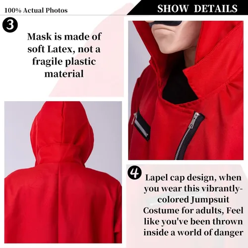 Vista 4 de Mono rojo con capucha overol rojo unisex con máscara disfraz de cosplay de la serie de TV versión original disfraz de Halloween