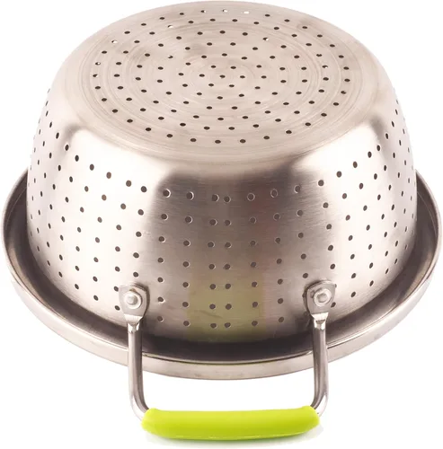Vista 7 de Colador Profundo de Acero Inoxidable Microperforado de 2.5 Quart, Colador de Alimentos de Metal con Asas de Silicona Verde para Drenar Pasta