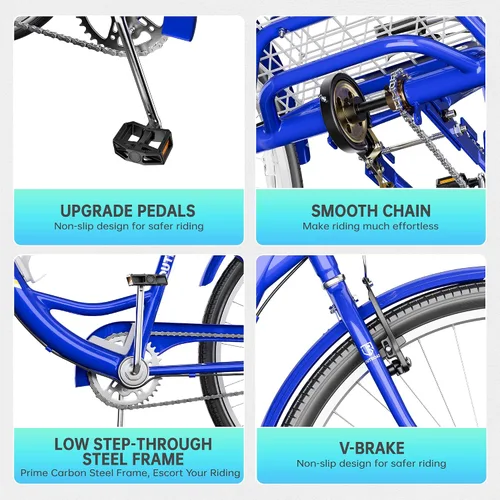 Vista 4 de Outroad - Triciclo Comfort de 24/26 pulgadas, triciclo de crucero de 1 velocidad, bicicletas de 3 ruedas con cesta grande para personas mayores