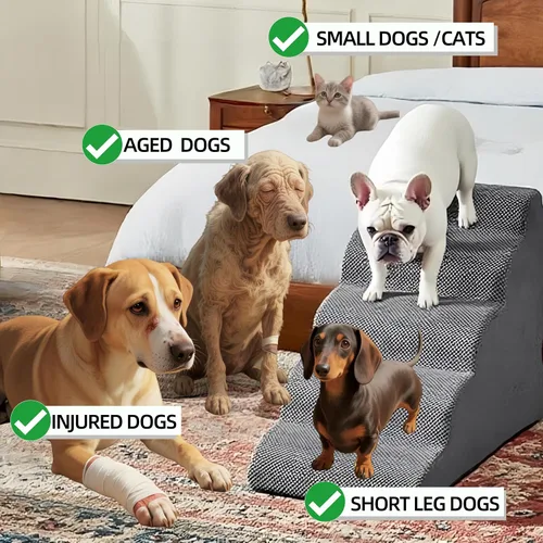 Vista 5 de Rampa de escaleras para mascotas de 5 escalones para sofás de cama alta de 23 a 30 pulgadas con almohadillas resistentes antideslizantes e