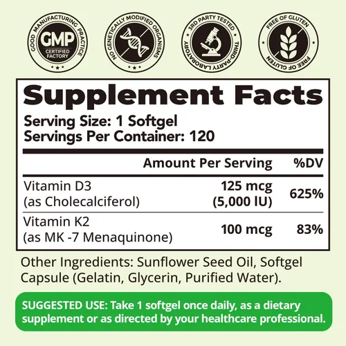 Vista 9 de Vitamina D3 K2 5000IU 100mcg MK-7 para apoyo óseo, inmunológico
