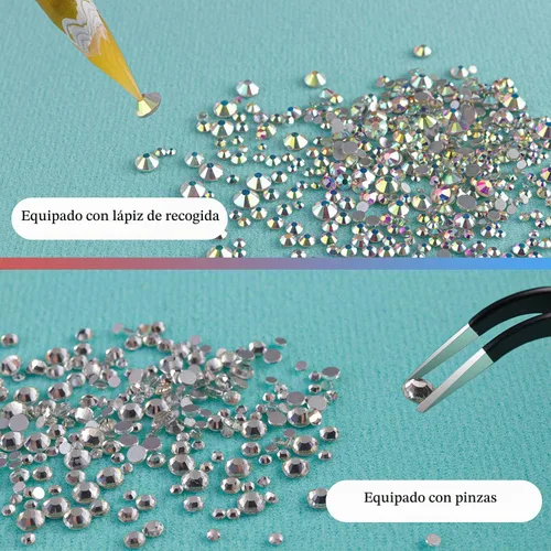 Vista 6 de Juego de 3440 piezas de cristales de vidrio transparente blanco y AB, en 6 tamaños con lápiz recogedor, pinzas para manicura con brillo iridiscente