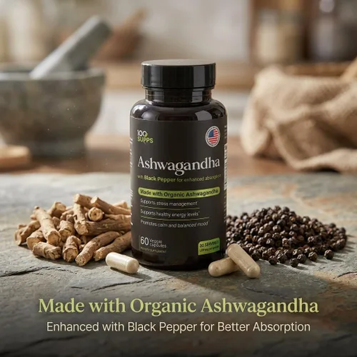 Vista 8 de Cápsulas de Ashwagandha con extracto de pimienta negra 4:1 (10 mg), hechas con polvo de Ashwagandha orgánico, 1200 mg por porción, 60 cápsulas