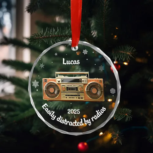 Vista 5 de Personalized Radio Lover Glass Ornament, Custom Retro Boombox Christmas Keepsake with Name and Year, for Music Fans, Xmas Gifts 2025