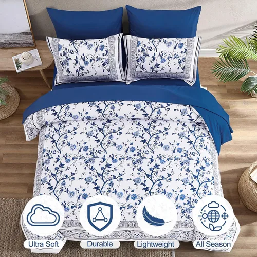 Vista 3 de Dobuyly Juego de edredón floral tamaño individual, juego de cama de 5 piezas en una bolsa, juego de ropa de cama botánico de microfibra suave