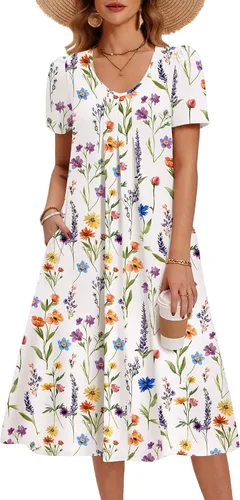 Vista 18 de Zeagoo Vestido de verano para mujer, casual, floral, midi, con bolsillos, cuello en V, plisado, manga corta, estilo alineado, para vacaciones