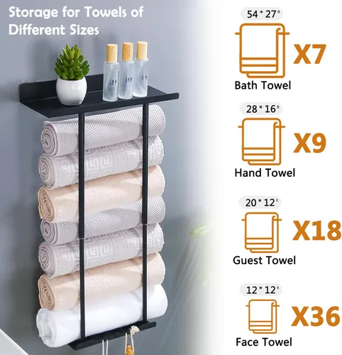Vista 2 de Toallero de metal para colgar en la pared del baño, toallero de baño negro para almacenamiento de toallas de baño con ganchos para colgar y estante
