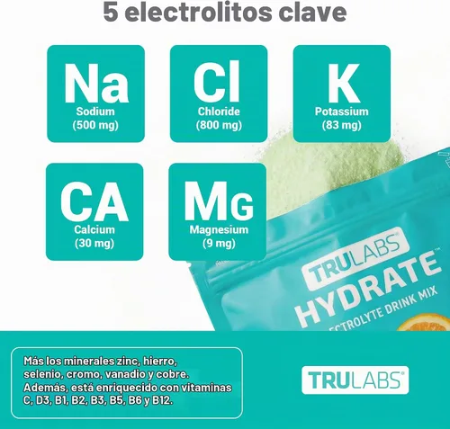 Vista 4 de TRULABS Hydrate - Mezcla de bebida con electrolitos – Sabor cítrico Splash, paquetes de hidratación sin azúcar con electrolitos de 1422 mg y 19