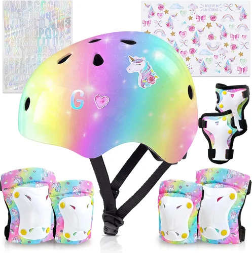 Vista 11 de Casco para niños, casco de bicicleta para niños pequeños con pegatinas DIY Unicornio, rodilleras y coderas ajustables, juego de protección para Rosa