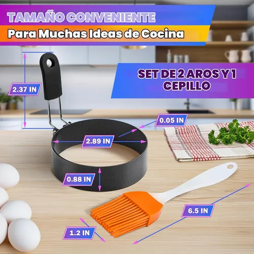 Vista 2 de 2 anillos de huevo para freír huevos, molde redondo de acero inoxidable de 2.89 pulgadas, mango plegable, resistente al calor y no deformable