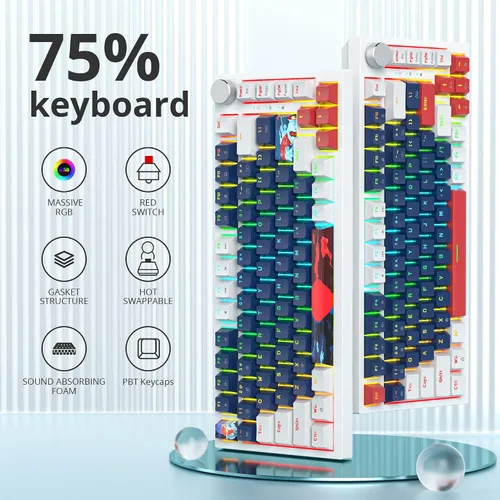 Vista 4 de Guffercty kred 75% de soporte de junta de teclado con cable azul, teclado mecánico RGB intercambiable en caliente programable con perilla