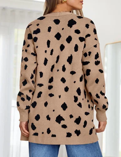Vista 3 de ZESICA Suéter de punto con estampado de leopardo de manga larga para otoño e invierno para mujer