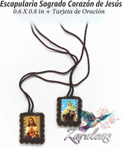 Vista 5 de Escapulario Católico Marrón Lana Rectangular Icono Hecho A Mano Corazón Sagrado de Jesús con Nuestra Señora Monte Carmelo por Zaraleas